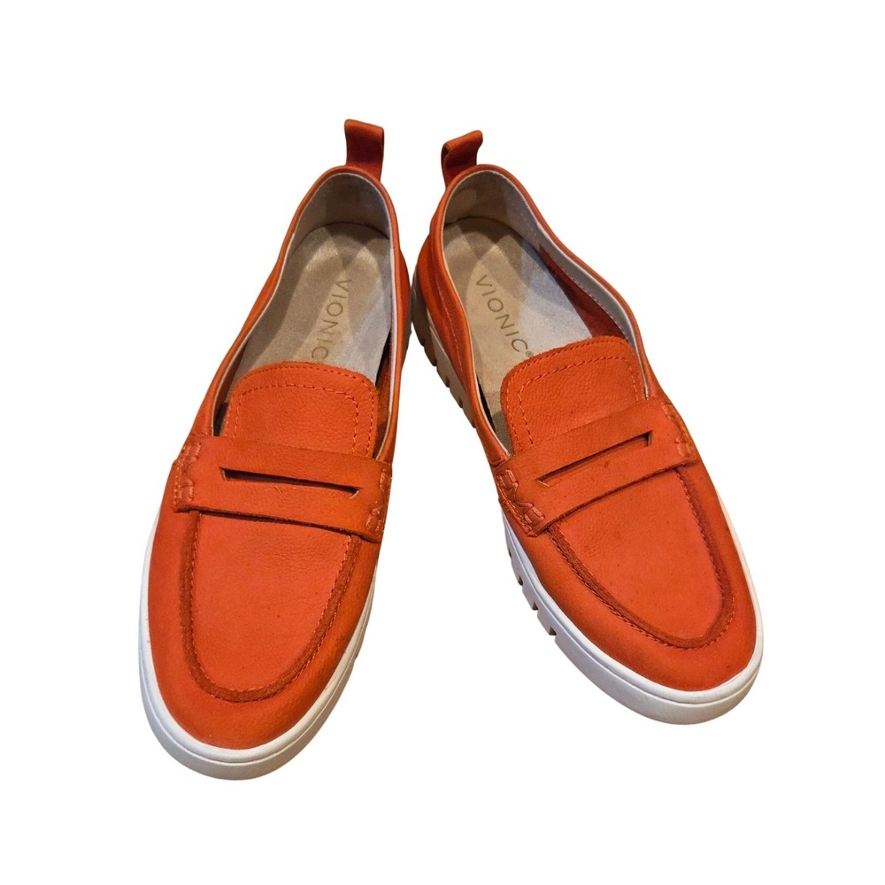 Vionic Uptown S24 Orange Pebbled Leather Penny Loafer Platform Lug Sole Sz 7